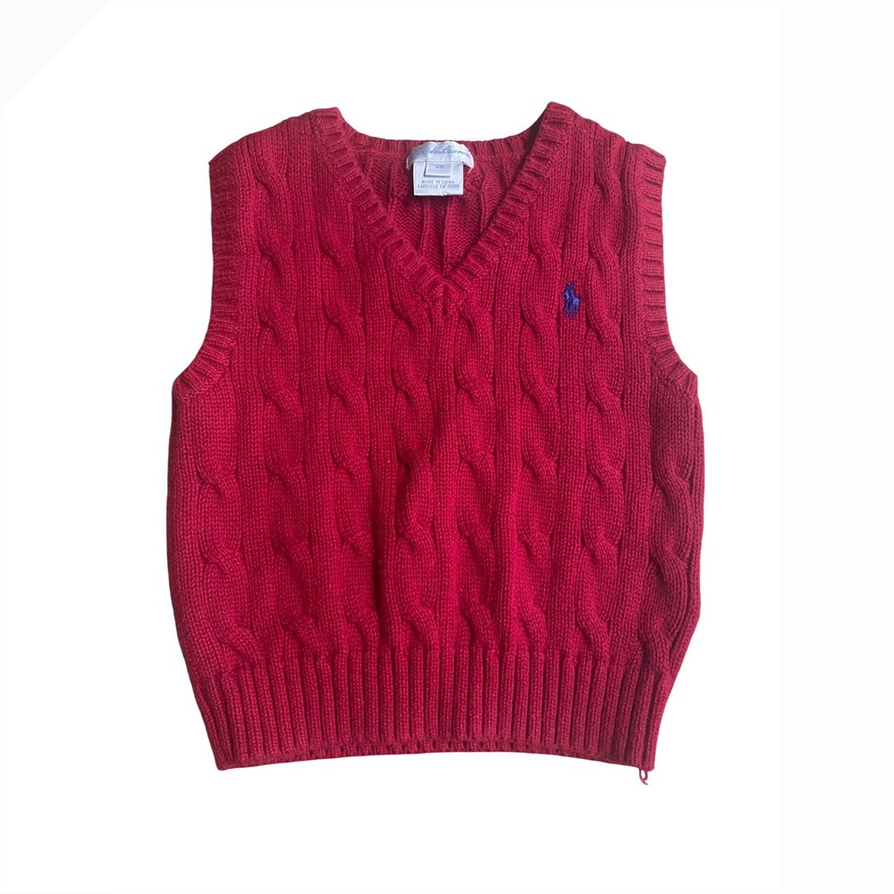 Ralph Lauren Kids Red Cable Knit Sweater Vest V-Neck Cotton 12M Pony Logo